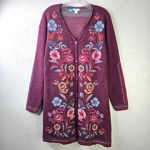 Sundace Floral Embroidered Cardigan XL 100% Merino Wool Cottage Artsy Sweater